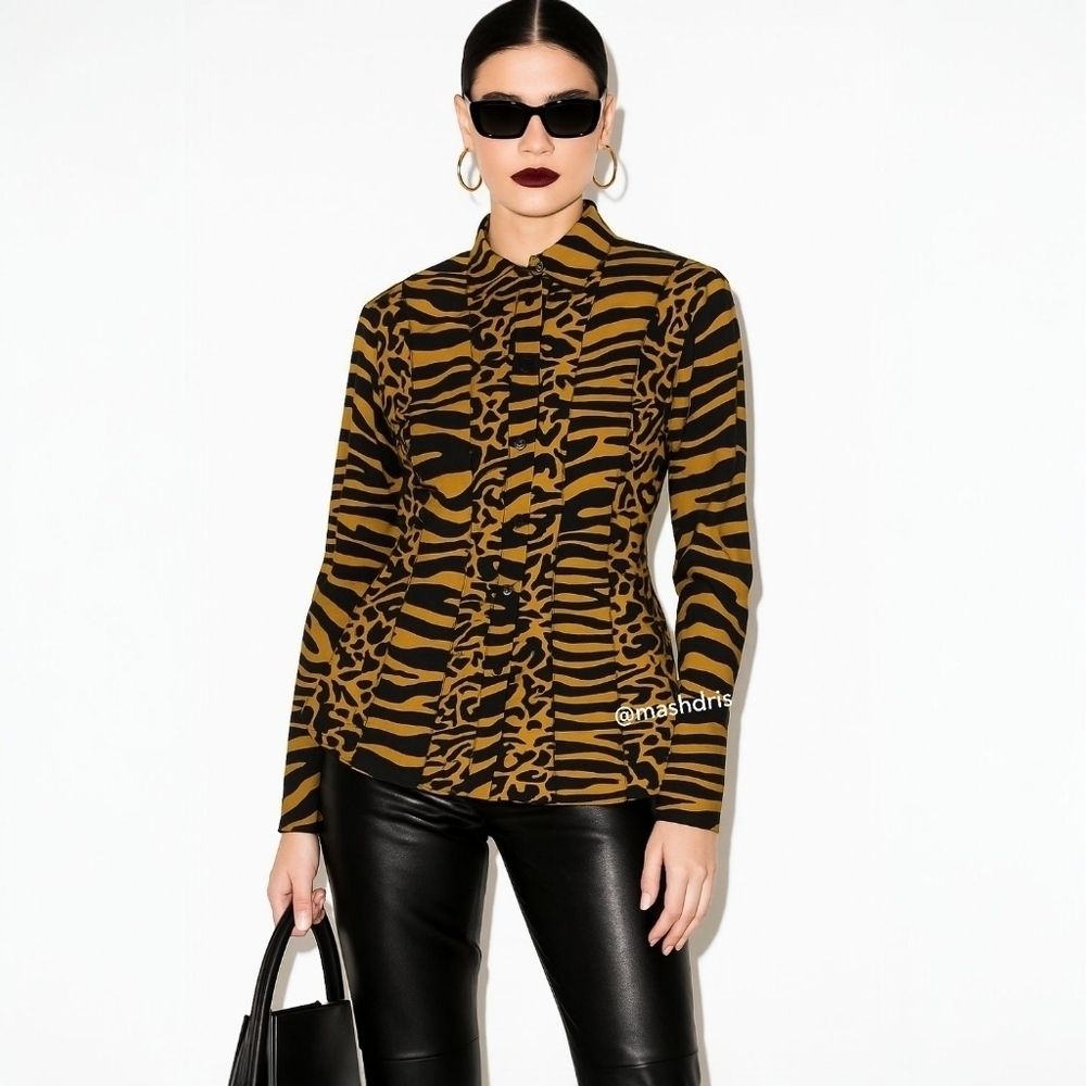 NWT Proenza Schouler Animal Print Button Down Shirt Cotton Brown Black 4